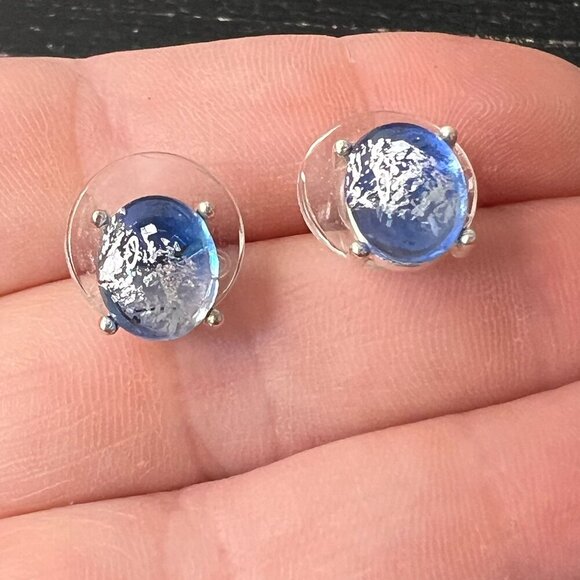 Monet Cobalt Blue & Gray Tone Crystal Stone Silver Tone Stud Earrings Vintage - Picture 1 of 5